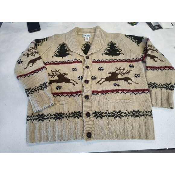 LL Bean Christmas Tree Reindeer Wool Cardigan Sweater Knot buttons Medium - Picture 1 of 6